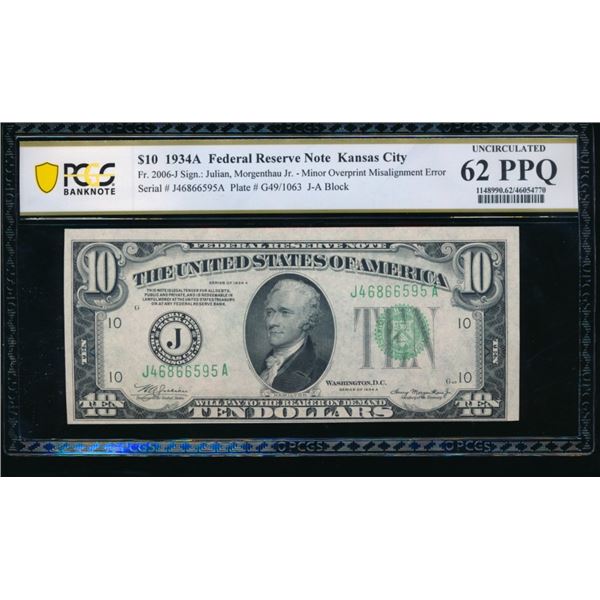 1934A $10 Kansas City FRN PCGS 62PPQ