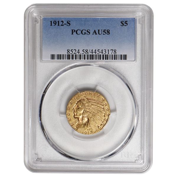 1912-S $5 Indian Head Half Eagle Gold Coin PCGS AU58