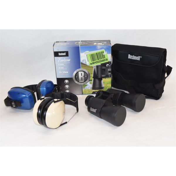 Box Lot Binoculars & Earmuffs
