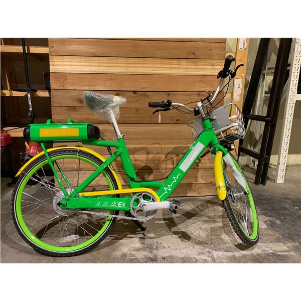 GREEN & YELLOW E-BIKE WITH BATTERY, KEY & CHARGER