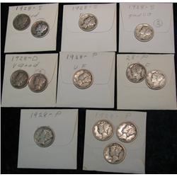 52. (7) 1928P, (2) 28D, & (4) 28S Mercury Dimes. G-VG.