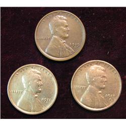 215. 1911S VG, 12S VG, & 19S F Lincoln Cents.Redbook $40+