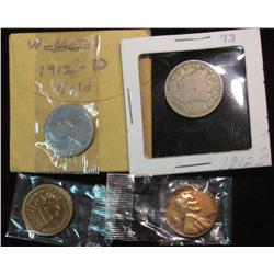 235. 1894 Indian 39P Lincoln Cents EF; 1912D Nickel G & a 