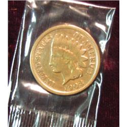 238. 1908 S Indian Head Cent. F-12. Cleaned. Redbook $85