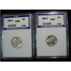 255. 1955S MS 68 60 D MS 67 Slabbed Roosevelt Dimes