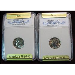 256. 1987 D & 2001 P Roosevelt Dimes SGS Slabbed MS 70.