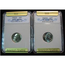 257. 1992 D & 2003 D Roosevelt Dimes SGS Slabbed MS 70.