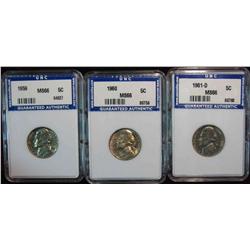 262. 1959P, 60P, & 61D Nickels. Unccoins Slabbed MS 66.