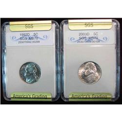 264. 1992D & 2003D Nickels. SGS slabbed MS 70.