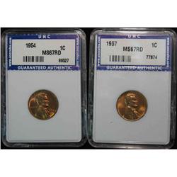 270. 1954P & 57P Cents slabbed MS 67 Red. Est. Value $40.00