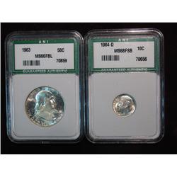 274. ANI slabbed 1964D Dime MS68FSB & 1963P Half MS66FBL