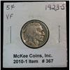 367. 1923 S Buffalo Nickel. VF. Est. Value $125.00