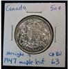 Image 1 : 845. 1947 Canada 50-Cents Straight 7, Mapleleaf. Gem BU-63. Cat. Value 425.00.