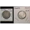 1487. 1932 & 1937 Canada Silver Quarters. F,AU