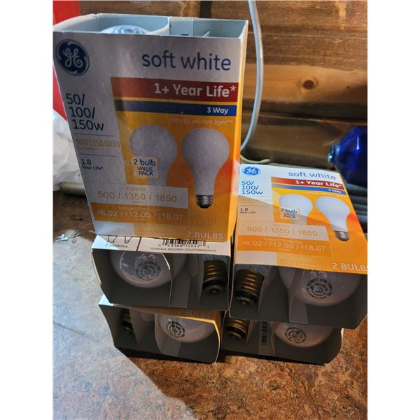 Lot of 5 boxes of GE 50/100/150 watt light bulbs, 10 tri-light bulbs in all. All are brand new.