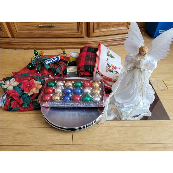 Xmas Lot - Fibre Optic Angel, Glass Ornaments, lights, linens, tree skirt, trays