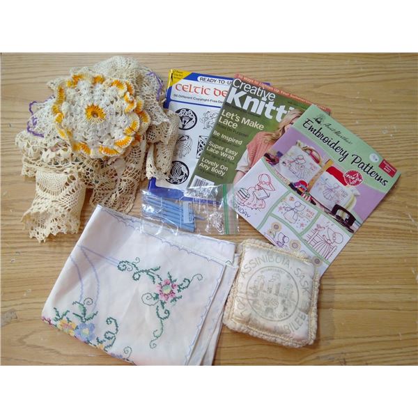 10 Hand stitchery items, crochet hooks, 3 craft books