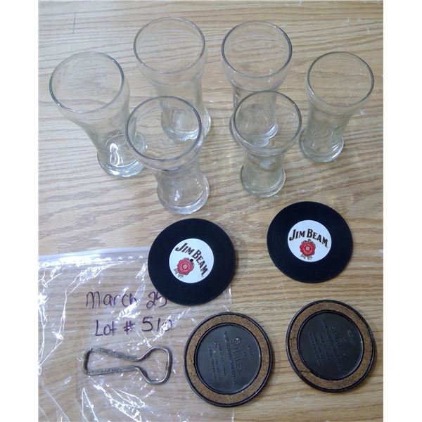 Vintage Beer Glasses + Coasters + “Drewry’s” Beer Opener