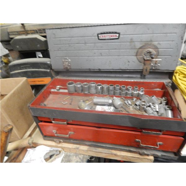 Toolbox with assorted wrenches, sockets and misc items