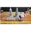 Image 1 : Santa in plastic sleigh and 2 plastic reindeer attached & 2 silver porcelain trees
