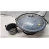 Image 1 : Large Granite-ware dough pan and lid & small cooking pot - 17 1/2"W x 7 1/2"H & 6 1/2"W x 5"H