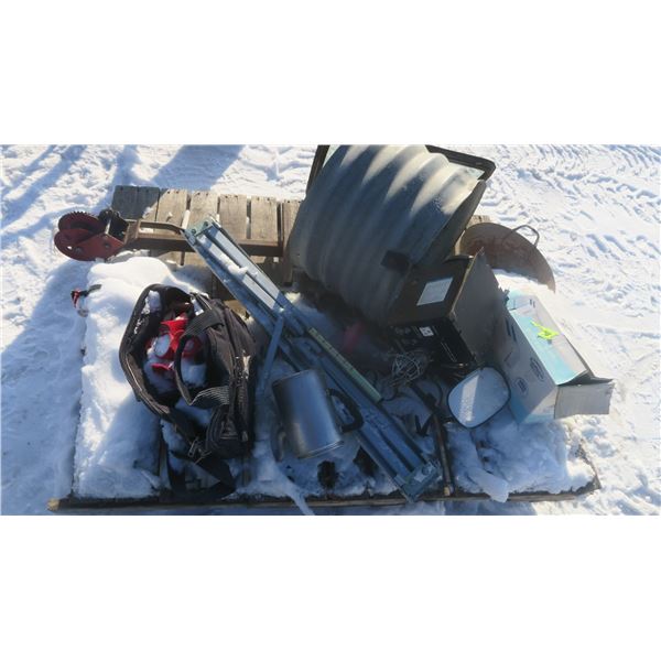 assorted pallet including jack, window, culvert piece, etc.