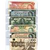 Image 1 : 6 mixed Canada Bank notes (1937 $1 bill, 1974 $2 Bill, 1954 $5 bill, 1979 $20 bill, 1954 $50 dollar