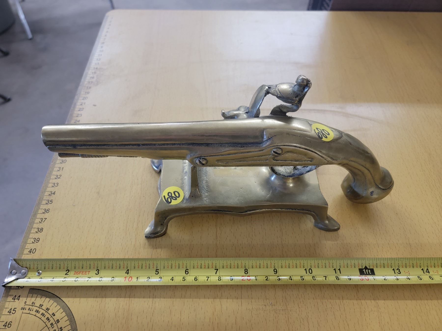 vintage heavy brass flintlock pistol on stand 12" decorative