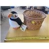 Image 1 : native crafted birch bark basket 6" dia w/ Audubon Wild Republic stuffed Puffin
