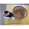 Image 2 : native crafted birch bark basket 6" dia w/ Audubon Wild Republic stuffed Puffin