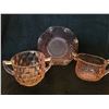 Image 1 : Pink Carnival Glass ruffled bowl, open sugar bowl & creamer