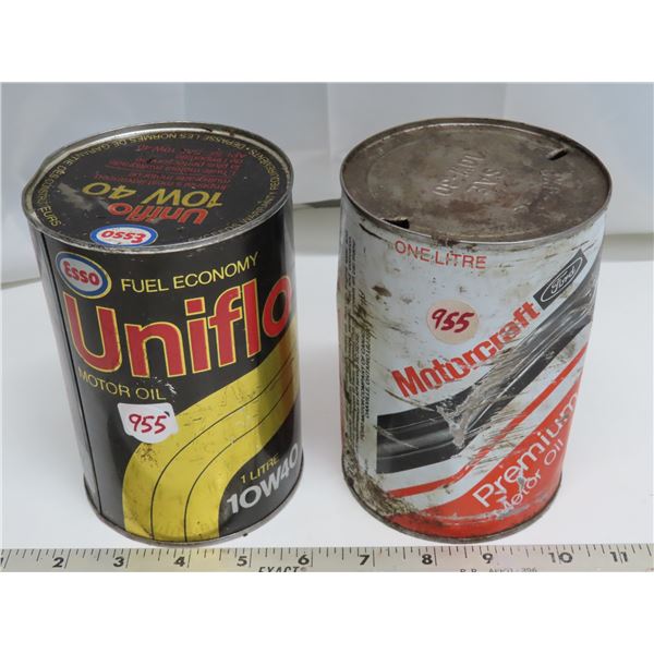 2 Motor oil 1 litre tins (Uniflo 10W40 = full, Ford Motorcraft Premium Motor oil=empty)