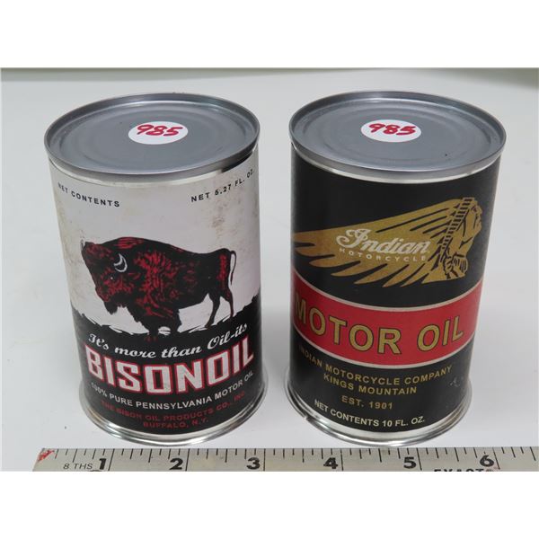 Bisonoil motor oil 5.27 FL. OZ. tin & Indian Motorcycle motor oil 10 FL. OZ. tin - rewraps