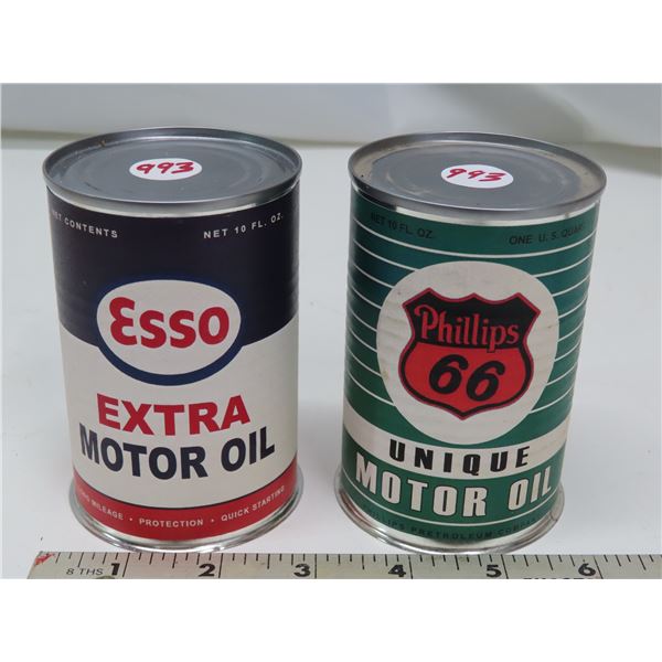 2x Motor Oil 10 FL. OZ. tins (Esso: Extra Motor Oil, Phillips 66 Unique Motor Oil) - rewraps