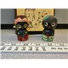 Image 2 : vintage boy & girl black americana salt + pepper shakers (rare) w/ wooden plaque