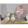 Image 1 : doll on stand + 4 bowls and pitcher