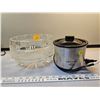 Image 1 : large clear glass footed bowl, small personal size crock pot