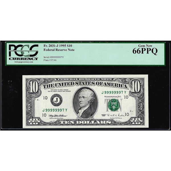 Near Solid Serial Number 1995 $10 Federal Reserve Note Fr.2031-J PCGS Gem New 66PPQ
