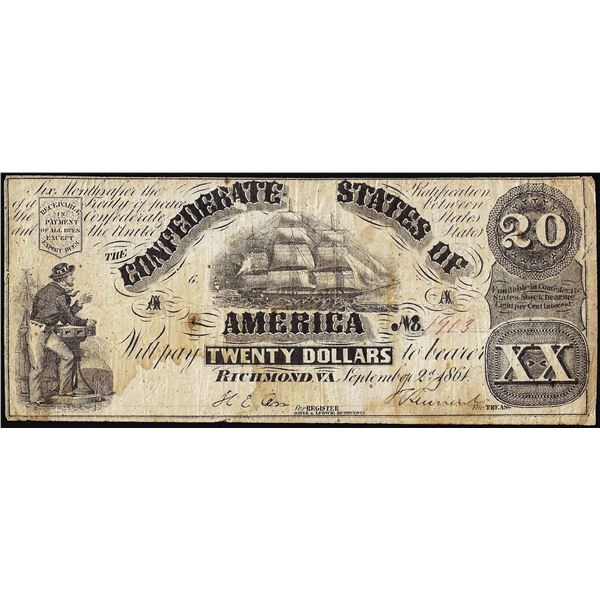 1861 $20 Confederate States of America Note