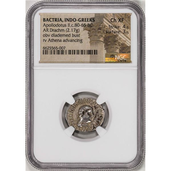 80-65 BC Bactria, Indo-Greeks Apollodotus II AR Drachm Ancient Coin NGC Ch XF