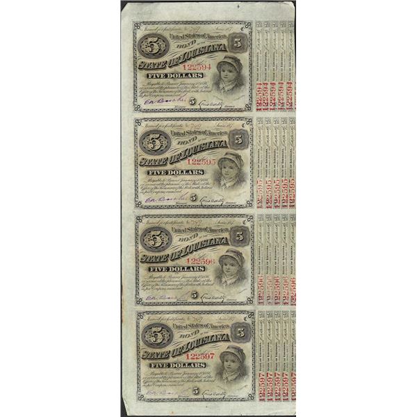 Uncut Sheet of (4) State of Louisiana Baby Bond Obsolete Notes