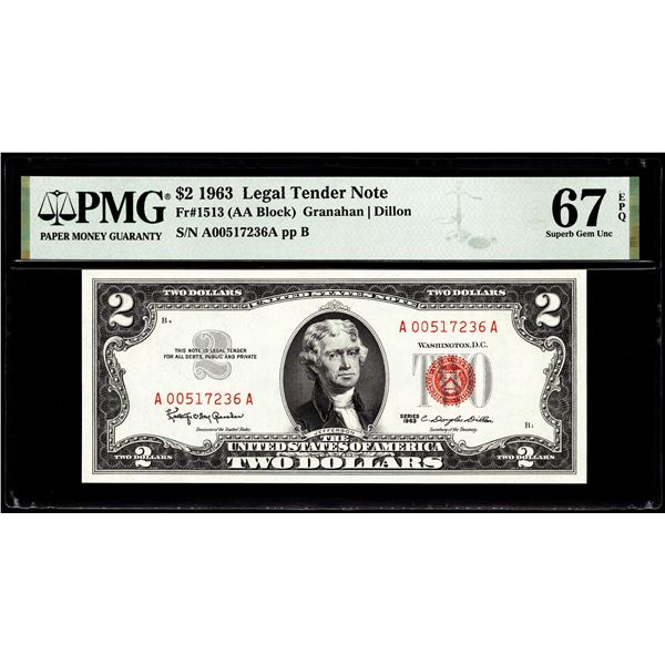 1963 $2 Legal Tender Note Fr.1513 PMG Superb Gem Uncirculated 67EPQ