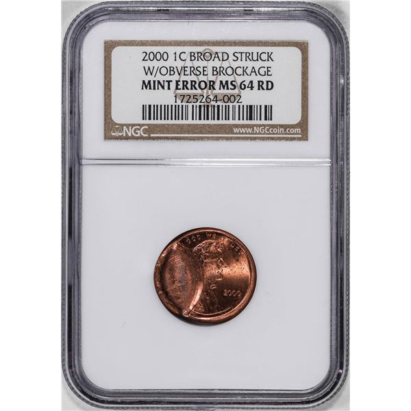 2000 Lincoln Cent Coin Mint ERROR Broadstruck with Obverse Brockage NGC MS64RD