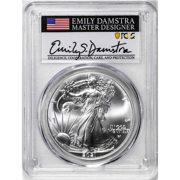 2021 Type 2 $1 American Silver Eagle Coin PCGS MS70 Damstra Signature First Strike