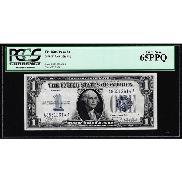 1934 $1 Funnyback Silver Certificate Note FR.1606 PCGS Gem New 65PPQ
