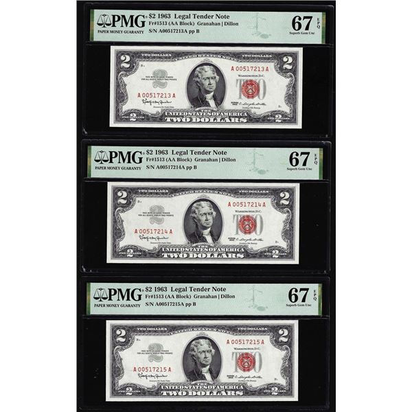 (3) Consecutive 1963 $2 Legal Tender Notes Fr.1513 PMG Superb Gem Uncirculated 67EPQ