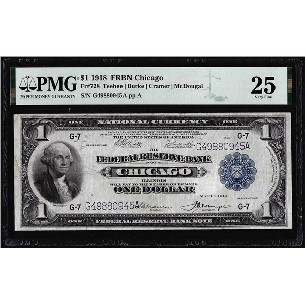 1918 $1 Federal Reserve Bank Note Chicago Fr.728 PMG Very Fine 25