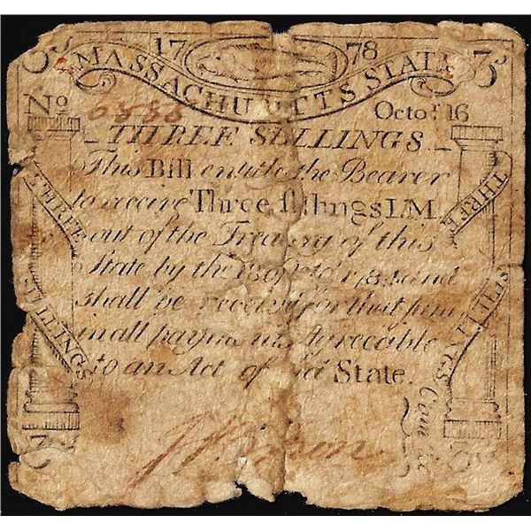October 16, 1778 Three Shillings Massachusetts Colonial Currency Note