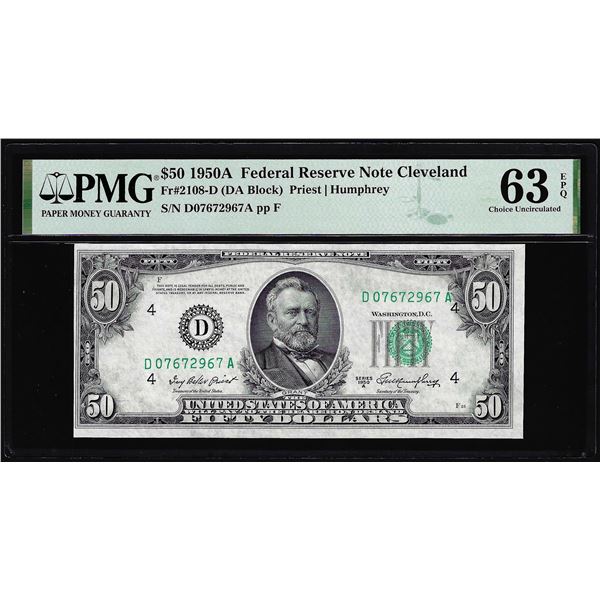 1950A $50 Federal Reserve Note Cleveland Fr.2108-D PMG Choice Uncirculated 63EPQ