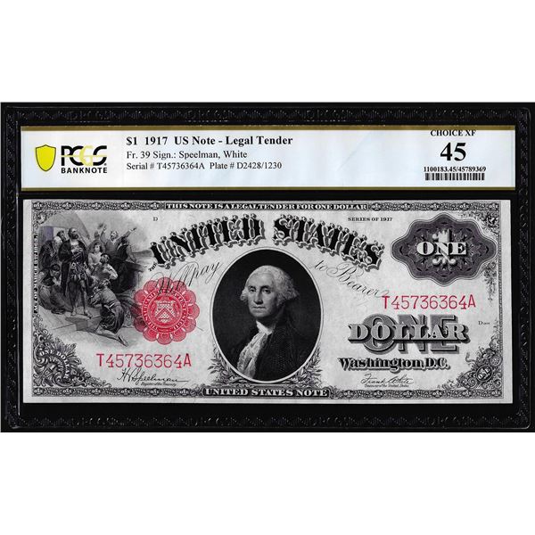 1917 $1 Legal Tender Note Fr.39 PCGS Choice Extremely Fine 45